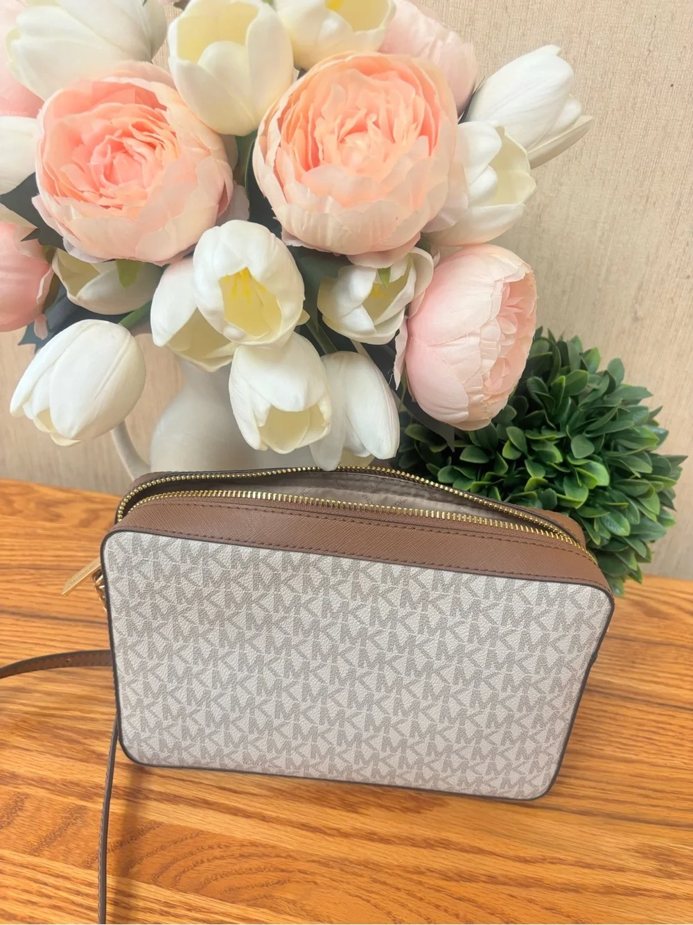 Michael Kors White and Brown Signature MK Crossbody Bag